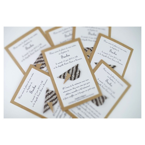 faire part de baptême fait main original sobre kraft noir blanc 