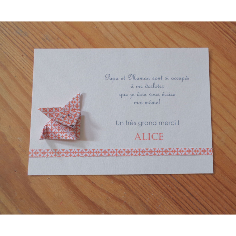 Carte de remerciement naissance - baptême renard orange en origami fait-main