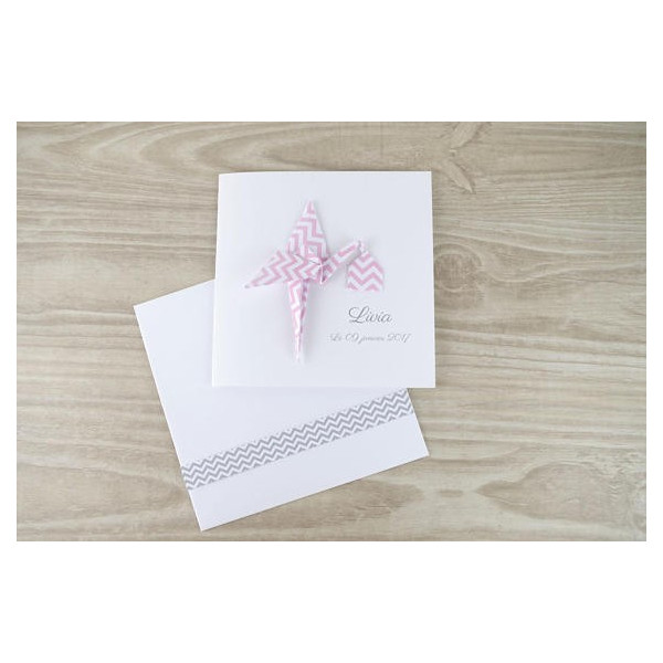 faire part de naissance original fait main cigogne en origami rose gris