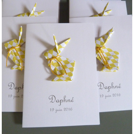 Faire part de naissance baptême garçon lapin jaune / fait main