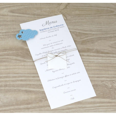 menu-et-marque-place-pour baptême garçon nuage-bleu-ciel-pour-decoration-de-table