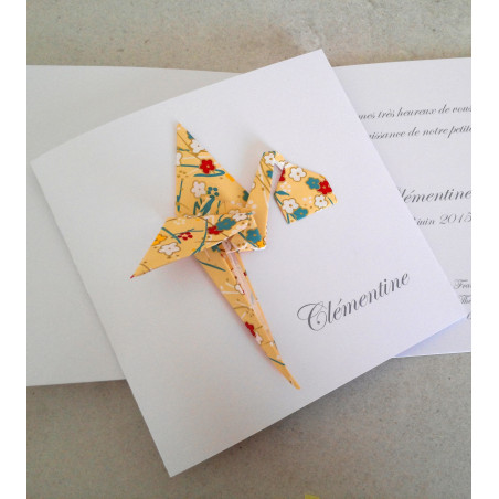 faire part de naissance fille garcon cigogne jaune papier japonais