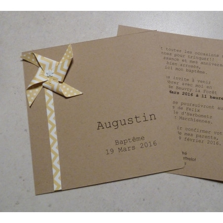 Invitation bapteme moulin a vent fille garcon kraft jaune fait main
