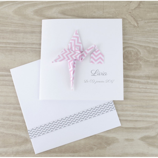 faire part de naissance original fait main cigogne en origami rose gris