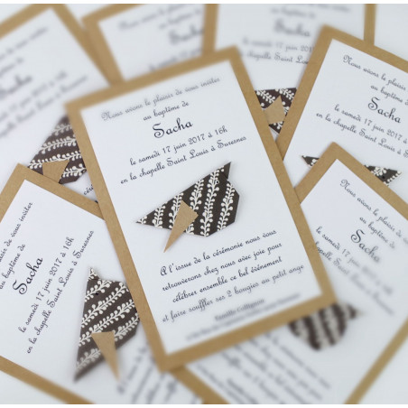 faire part de baptême fait main original sobre kraft noir blanc 