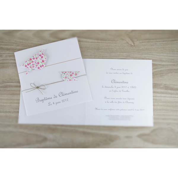 Faire part de naissance unique pour jumelles, baptême pour fille, oiseaux en origami liberty rose et fuschia