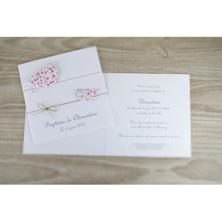 Faire part de naissance unique pour jumelles, baptême pour fille, oiseaux en origami liberty rose et fuschia