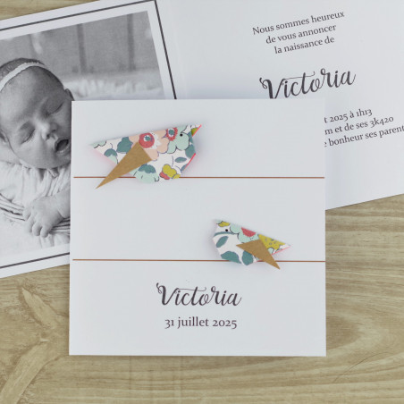 faire part naissance baptême jumeaux oiseaux fait main liberty Betsy original 