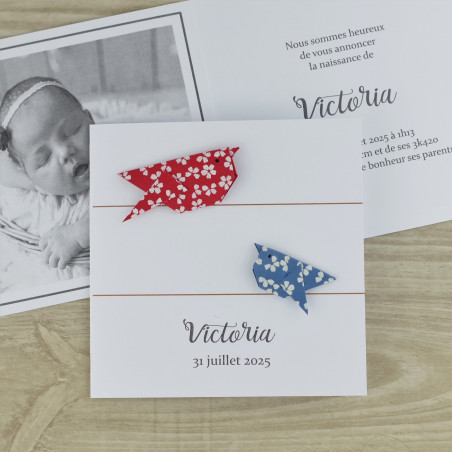 faire part naissance baptême mixte jumeaux oiseaux rouge bleu haut de gamme