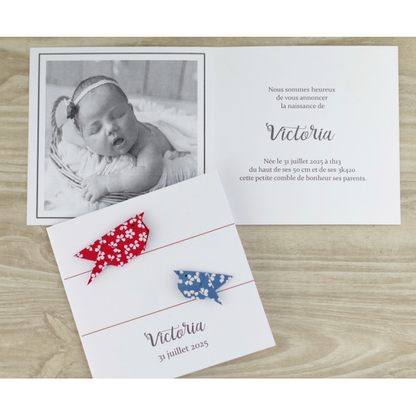 faire part naissance baptême mixte jumeaux oiseaux rouge bleu haut de gamme