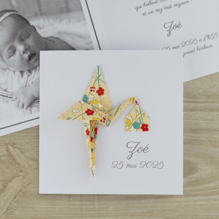faire part de naissance fille garcon cigogne jaune papier japonais