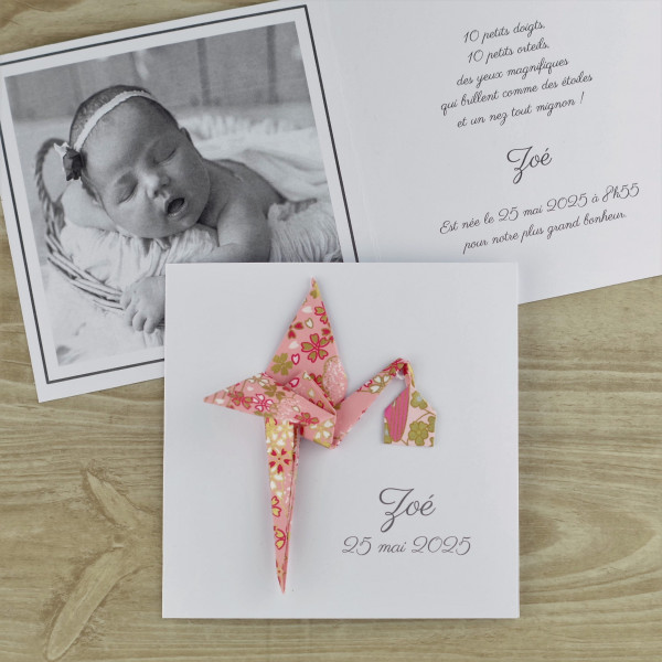 faire part naissance luxueux  cigogne rose papier japonais haut gamme