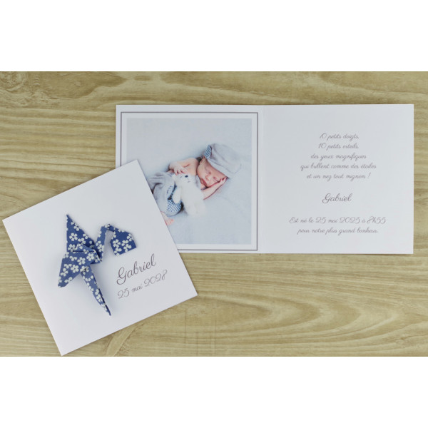 faire part de naissance haut de gamme pour garçon bleu sakura fait main