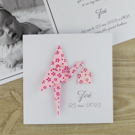 faire part naissance fille cigogne rose en papier japonais haut de gamme