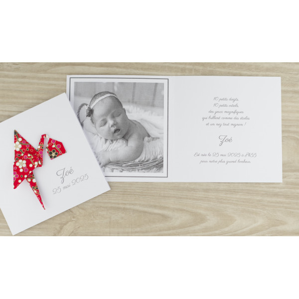 faire part de naissance luxueux fille garcon cigogne rouge artisanal