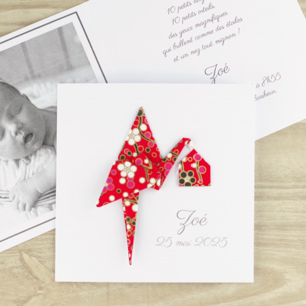 faire part de naissance luxueux fille garcon cigogne rouge artisanal