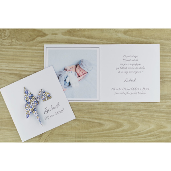 faire part de naissance fait main cigogne bleu liberty eloise mixte