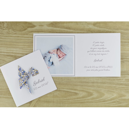 faire part de naissance fait main cigogne bleu liberty eloise mixte