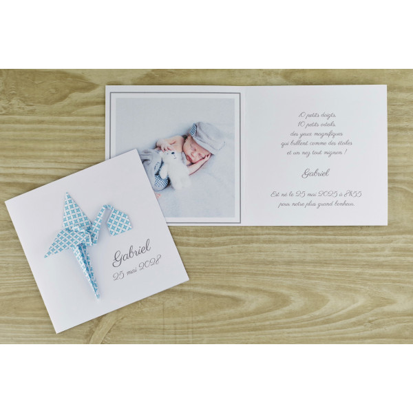 faire part de naissance fait main pour garçon cigogne bleu