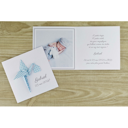 faire part de naissance fait main pour garçon cigogne bleu