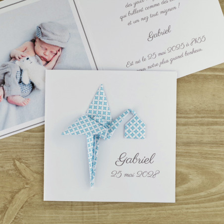 faire part de naissance fait main pour garçon cigogne bleu
