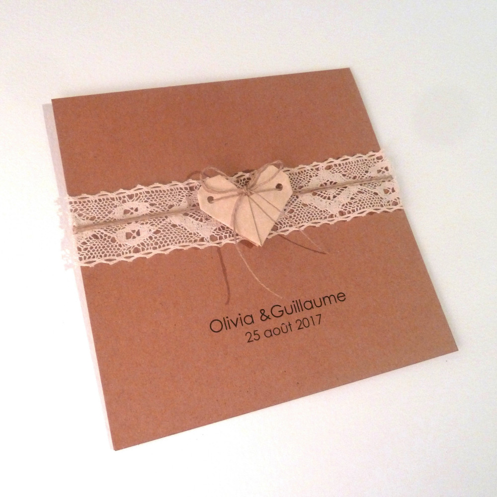 Faire part de mariage, naissance, baptême - carte double kraft, 15x15 cm coeur en origami + dentelle - artisanal