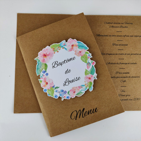 Menu mariage baptême carte pliée kraft fleurs aquarelle 