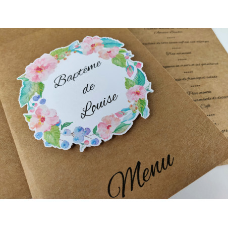 Menu mariage baptême carte pliée kraft fleurs aquarelle 