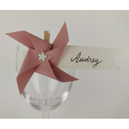 marque place porte nom mariage pince bois moulin à vent vieux rose