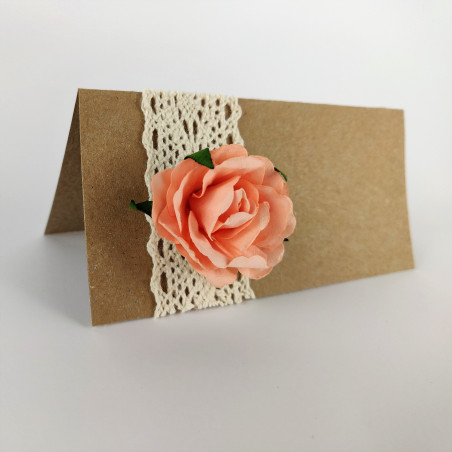 Marque place mariage kraft dentelle et fleur en papier pêche