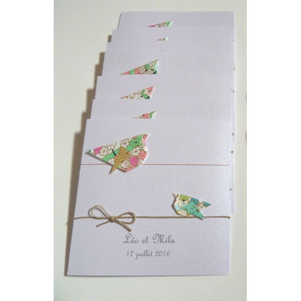 faire part naissance baptême oiseaux rose vert papier japonais haut de gamme jumeau