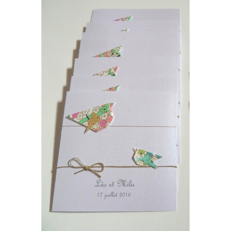 faire part naissance baptême oiseaux rose vert papier japonais haut de gamme jumeau