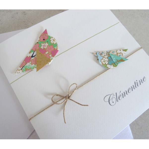 faire part naissance baptême oiseaux rose vert papier japonais haut de gamme jumeau