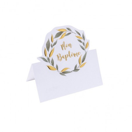 10 Marque-place végétal en papier texturé, embossage or pour baptême,