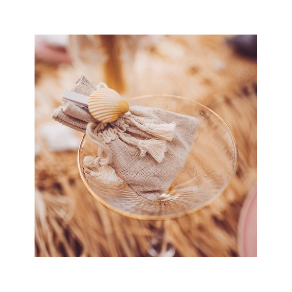 Pochon dragées ethnique lin pompons ivore