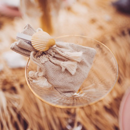 Pochon dragées ethnique lin pompons ivore