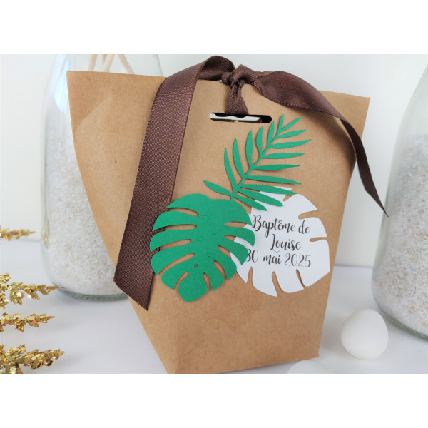 boite a dragees bapteme mariage tropical feuilles kraft