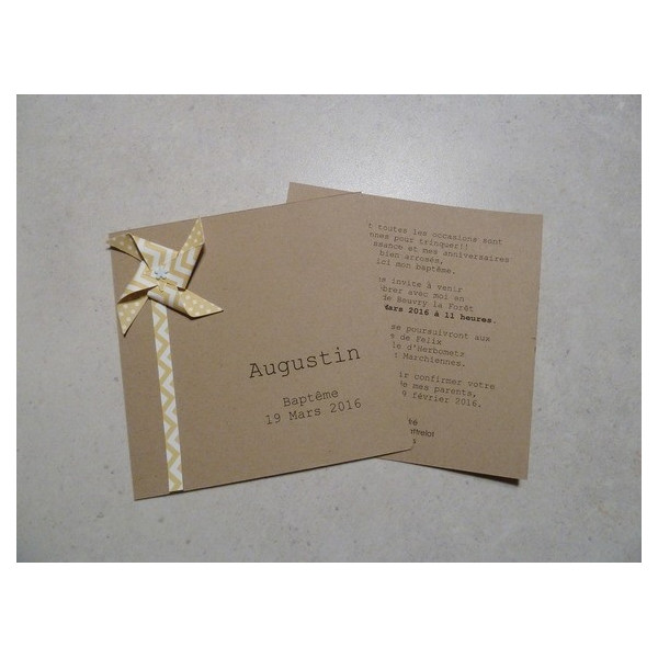 Invitation bapteme moulin a vent fille garcon kraft jaune fait main