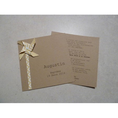 Invitation bapteme moulin a vent fille garcon kraft jaune fait main