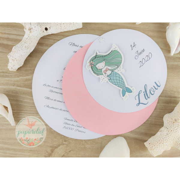 faire part naissance baptême rond sirène pour fille fait main invitation anniversaire