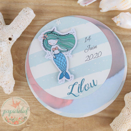 Faire part rond de naissance ou baptême sirène en relief avec photo anniversaire