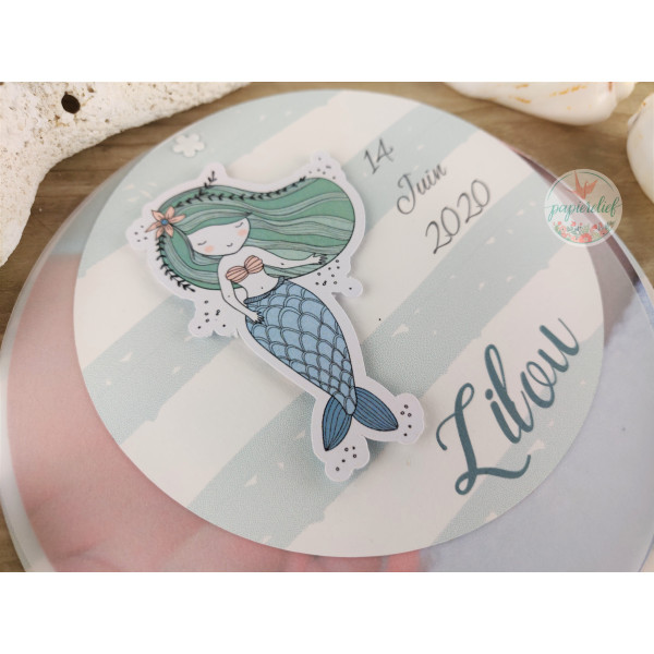 Faire part rond de naissance ou baptême sirène en relief avec photo