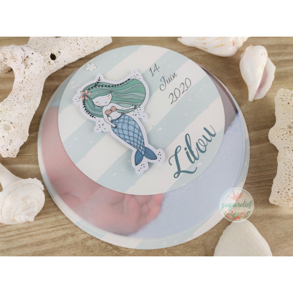 Faire part rond de naissance ou baptême sirène en relief avec photo