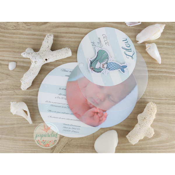 Faire part rond de naissance ou baptême sirène en relief avec photo