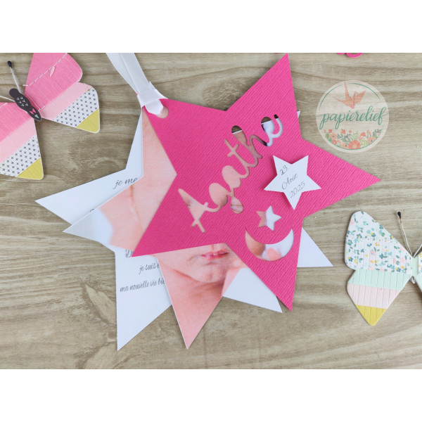 Faire part de naissance étoile fuchsia découpe invitation baptême pour fille