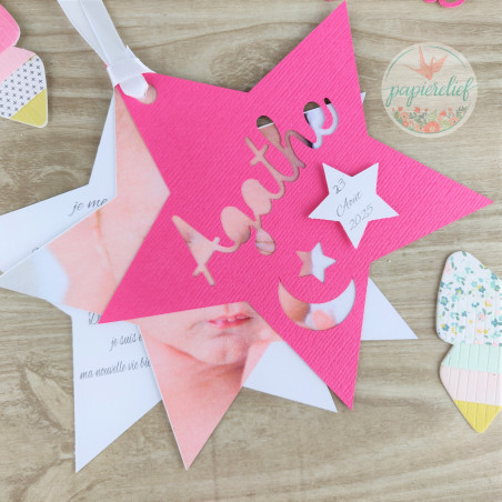 Faire part de naissance étoile fuchsia découpe invitation baptême pour fille