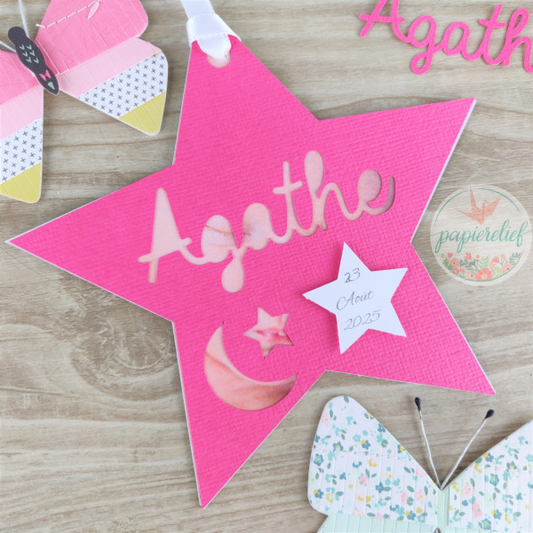 Faire part de naissance étoile fuchsia découpe invitation baptême pour fille