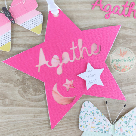 Faire part de naissance étoile fuchsia découpe invitation baptême pour fille
