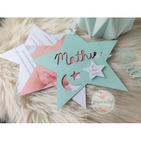 Faire part de naissance étoile mint découpe invitation baptême pour fille garçon mixte originale