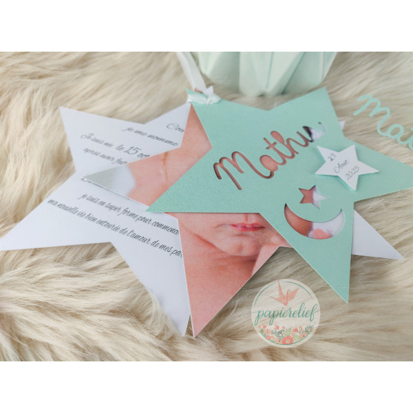 Faire part de naissance étoile mint découpe invitation baptême pour fille garçon mixte originale